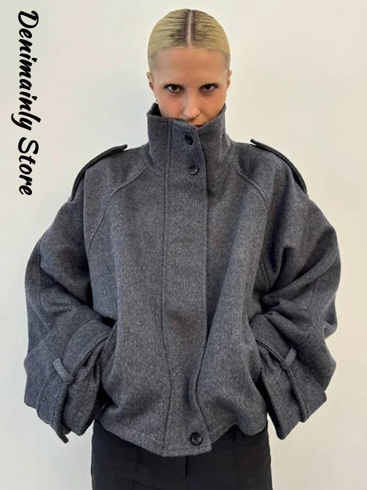 Fashion Short Woolen Coat Women Stand Collar Single-breast Full Sleeve Loose Pocket Jacket Female 2026 Autumn Solid Lady Outwear